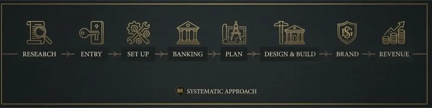 JMT Systematic Approach: Research, Entry, Set Up, Banking, Plan, Design & Build, Brand, Revenue