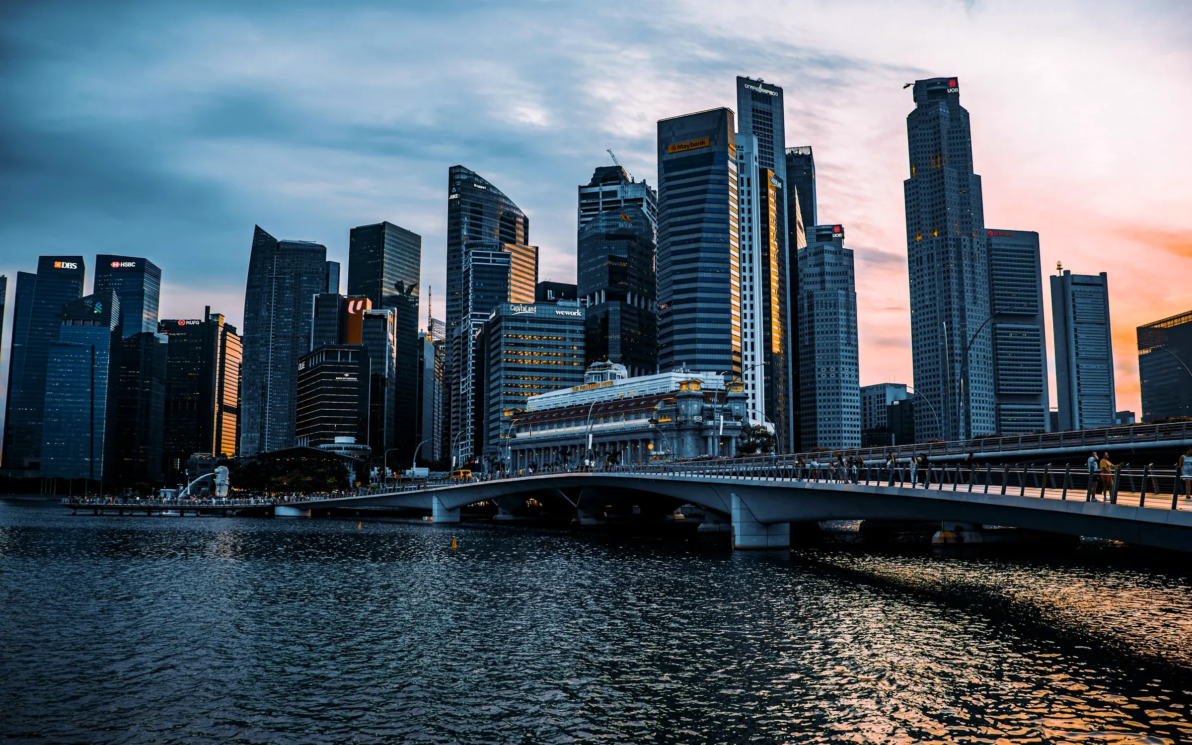 Singapore skyline at golden hour, Marina Bay financial district